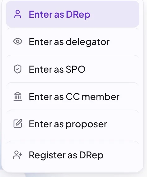 The sign-in menu in the site header: enter as DRep, delegator, SPO, CC member, or proposer, or register as a DRep