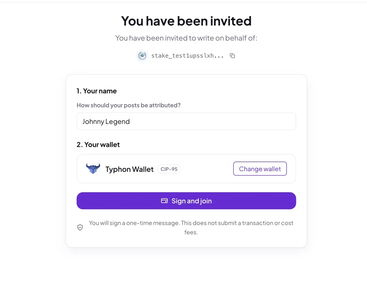 The co-proposer invite page: the invited person picks a display name, connects their own wallet, and signs a one-time message
