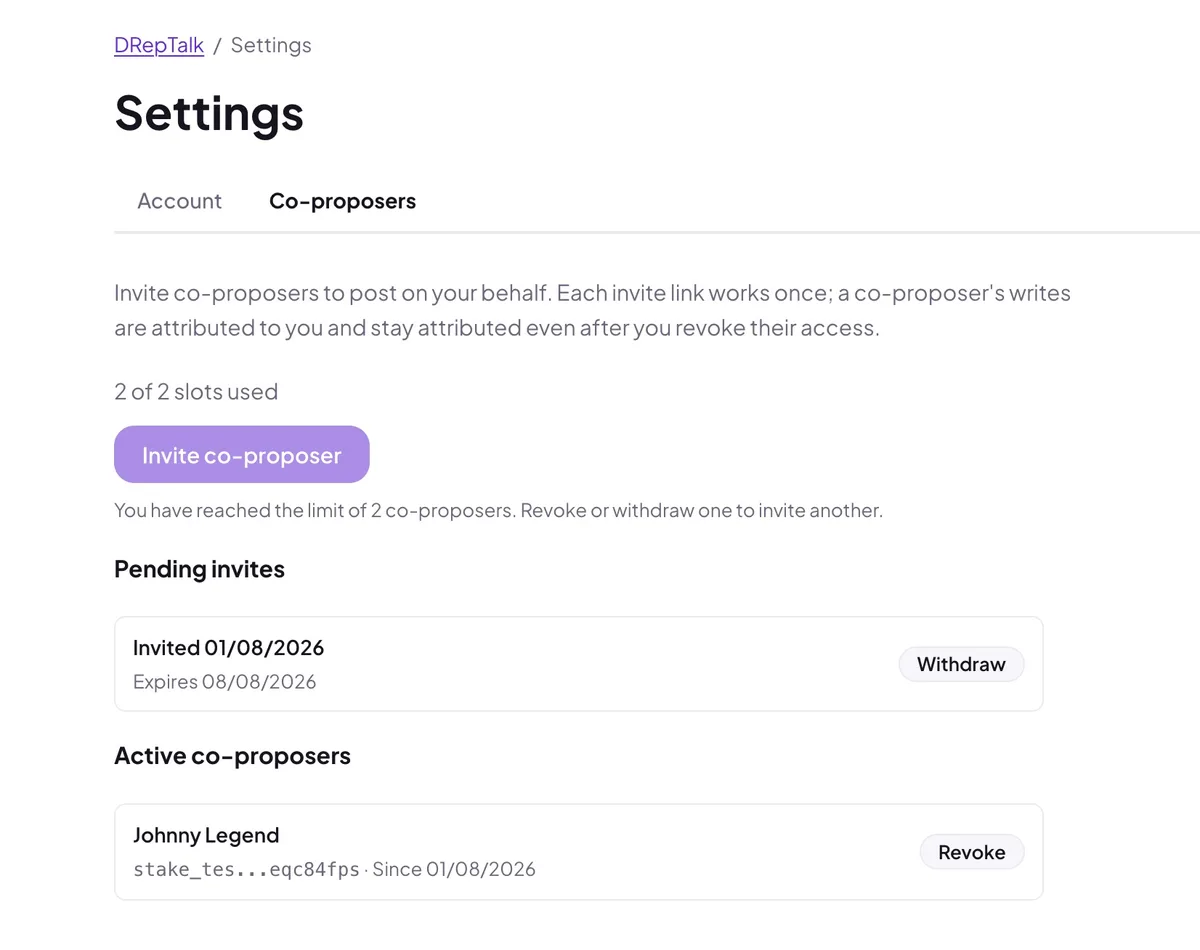 The Co-proposers settings section: invite button, a pending invite with its expiry, and an active co-proposer with a revoke button