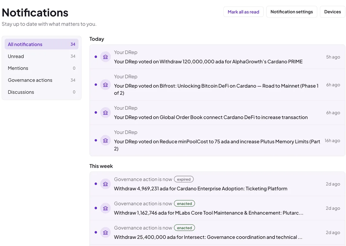The notifications inbox of a delegator: entries for each vote their DRep cast and for governance actions changing status
