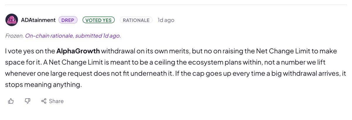 A frozen rationale post in a discussion thread: a DRep's cross-posted vote rationale with Voted Yes and Rationale badges and a frozen notice linking to the on-chain record
