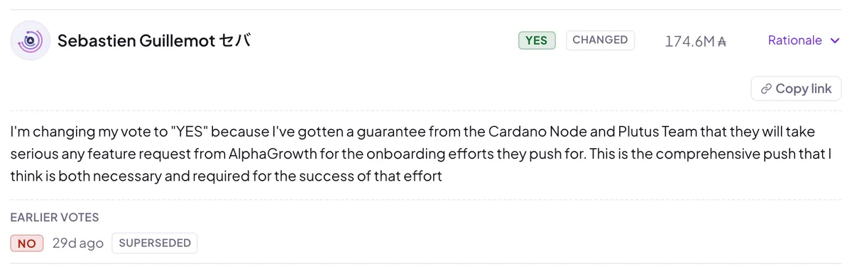 A vote row on the Votes tab, expanded to show the DRep's rationale, with a Changed badge, the superseded earlier vote, and a copy-link button
