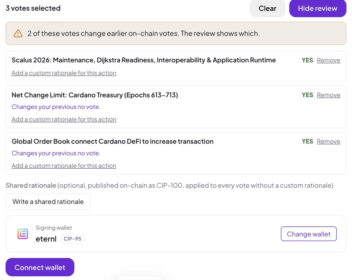 The batch review on the voting dashboard: three selected Yes votes, a warning that two of them change earlier on-chain votes, per-action rationale links, a shared rationale option, and the signing wallet