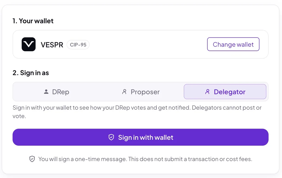 The sign-in screen with the Delegator role selected: connect a wallet and sign a one-time message; delegators cannot post or vote