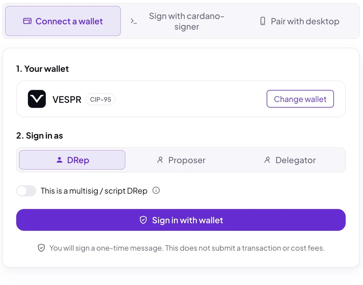 The sign-in screen with the DRep role selected: connected wallet, the sign-in methods, and the multisig / script DRep toggle
