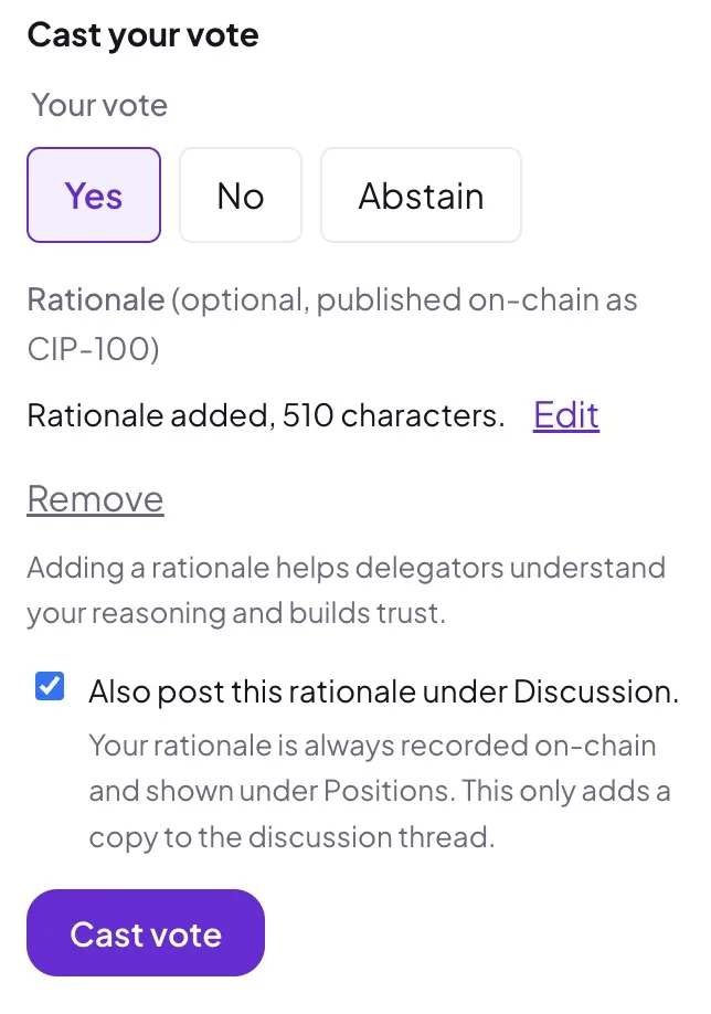 The Cast your vote panel on a governance action: Yes selected, a rationale added, and the checkbox to also post the rationale under the discussion